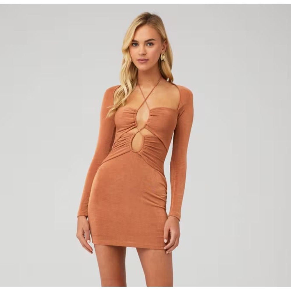 Significant Other Brown Cutout Mini Dress US 8 Ruched Long Sleeve Halter Bodycon